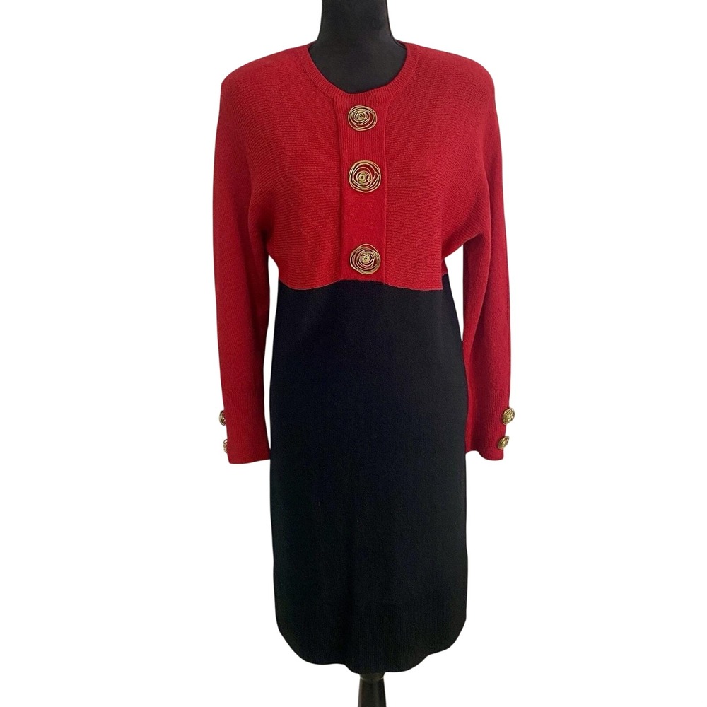 Steve Fabrikant Vintage Knit Dress Red Black Gold Button Wool Blend *Flaw In Pic